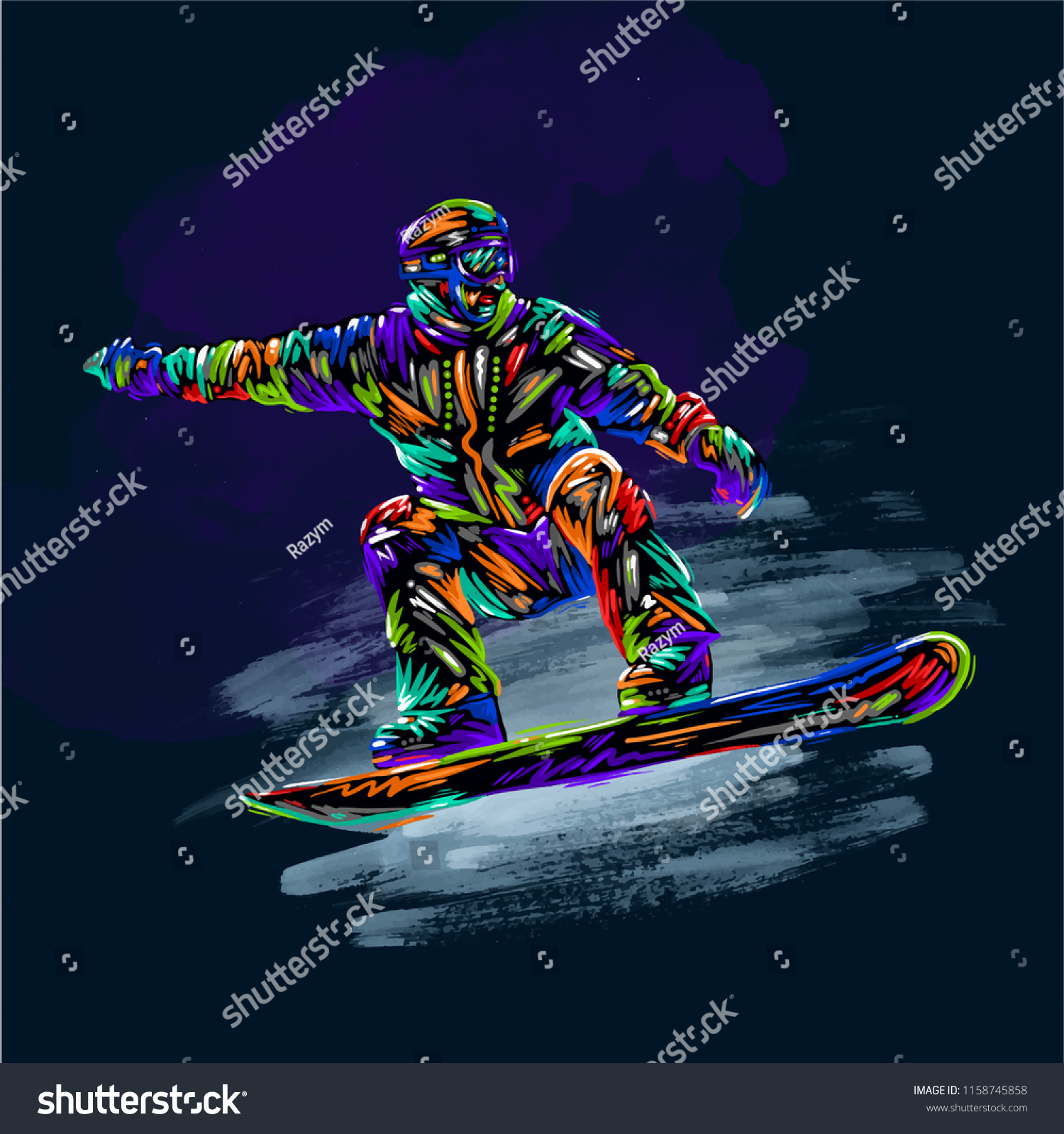Colored hand drawing sketch snowboarder on a grunge background. Vector illustration snowboard design art