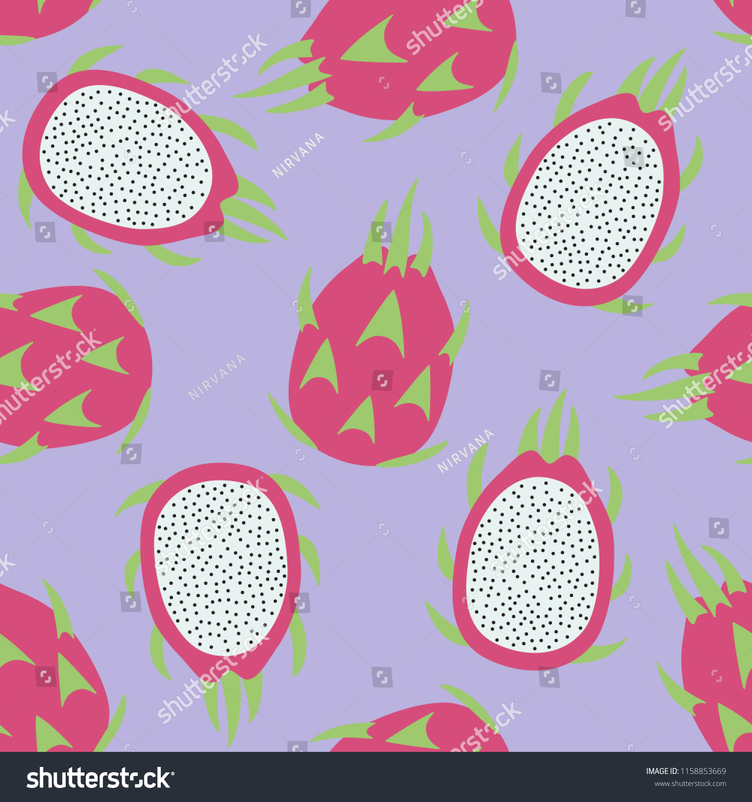 sweet whole dragon fruit and cut dragon fruit tropical exotic fruit pink green with seeds pitaya on a purple background summer seamless pattern raster copy