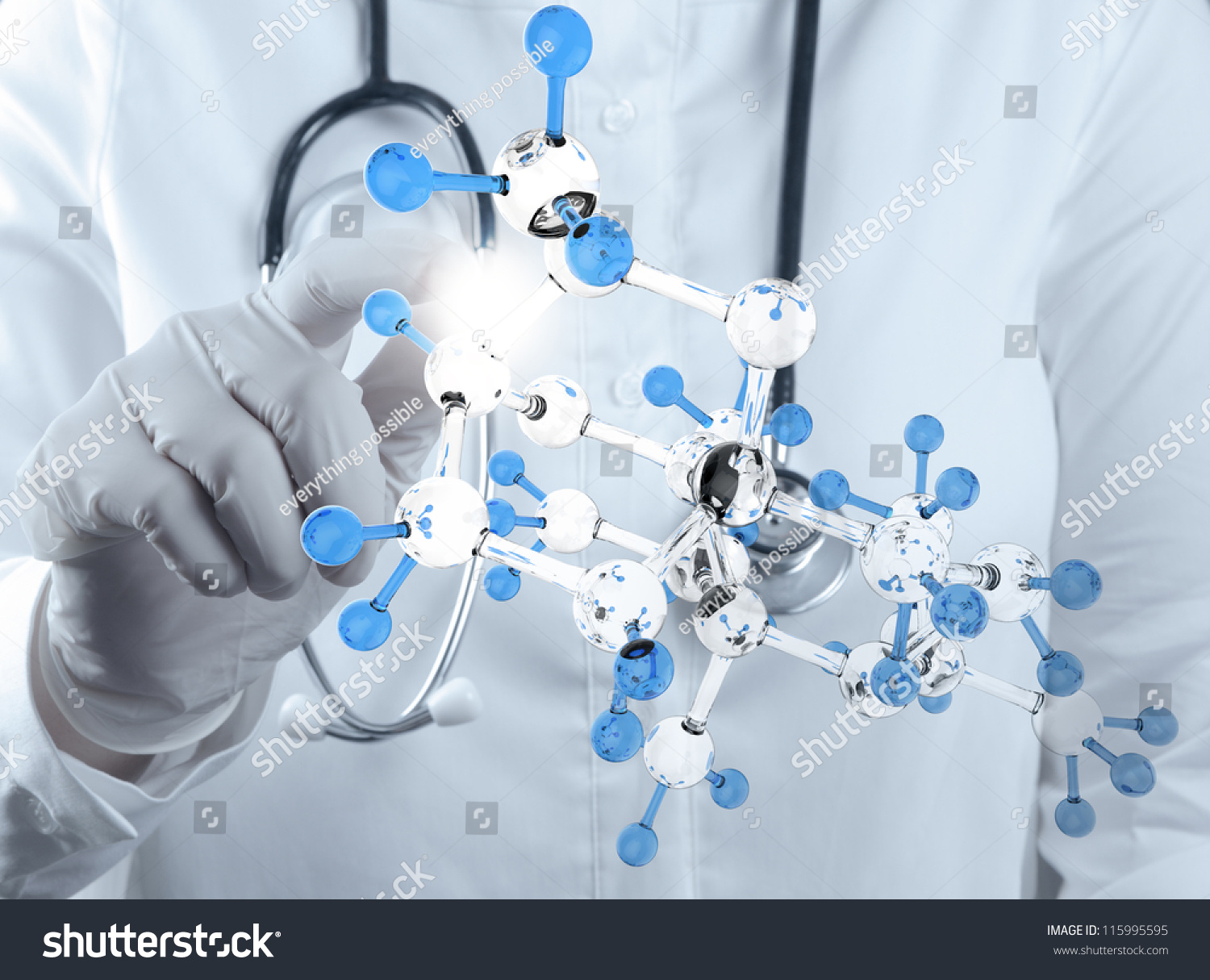 scientist doctor hand touch virtual molecular structure in the lab