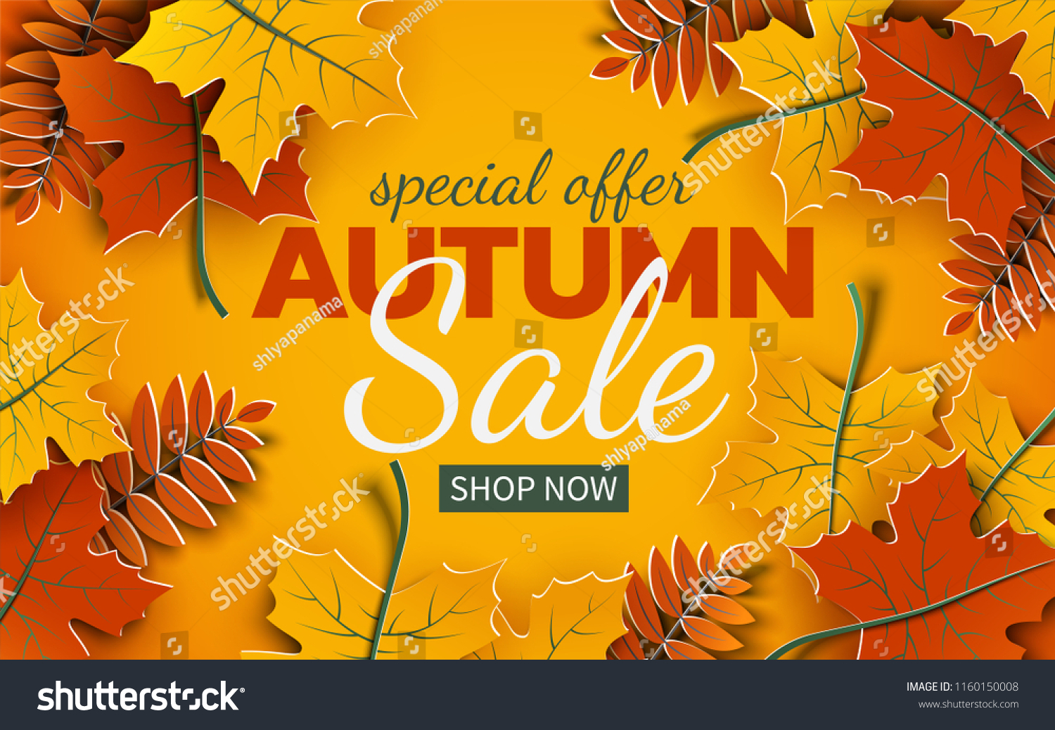 Autumn 3d sale banner  paper colorful tree leaves on yellow background. Autumnal design for fall season sale banner  special offer poster  flyer  web site  paper cut art style  vector illustration
