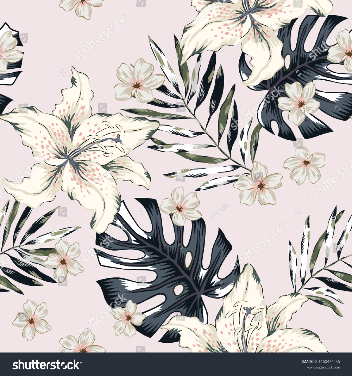 Tropical white lily flowers and gray palm  monstera leaves  pale pink background. Vector seamless pattern. Jungle foliage illustration. Exotic plants. Summer beach floral design. Paradise nature
