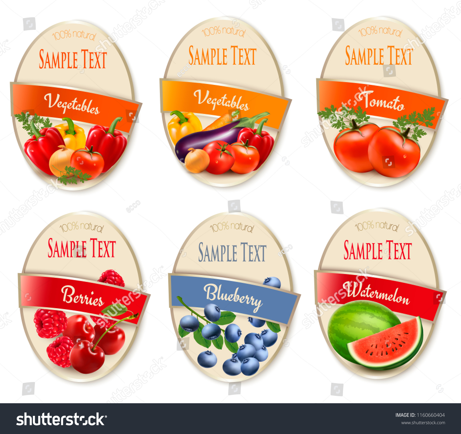 Set of labels of berries and vegetables. Cherry  blueberry  raspberry  strawberry  watermelon  tomato  onion  pepper  carrot. Vector.