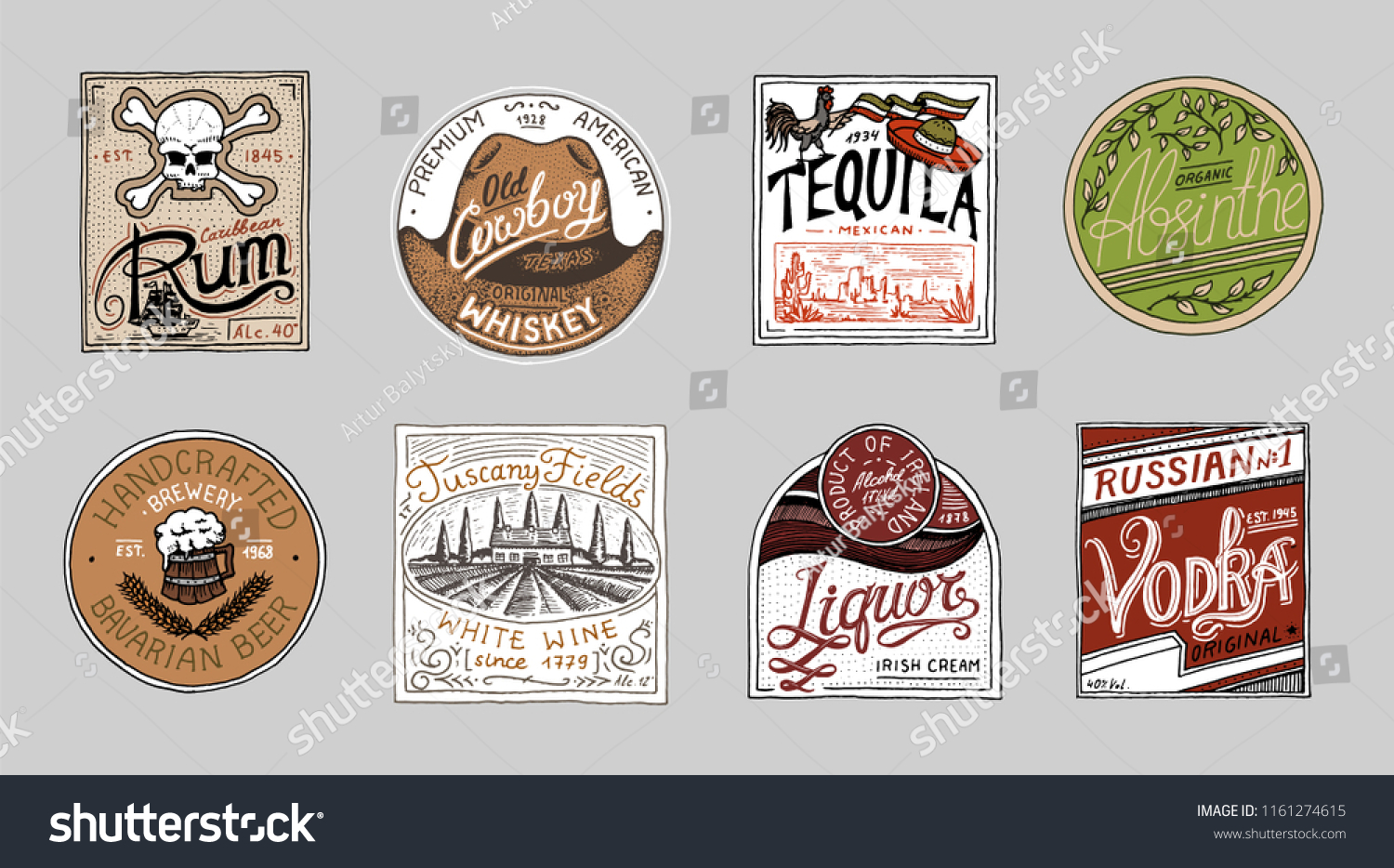 Vintage American badge. Absinthe Tequila Vodka Liqueur Rum Wine Strong whiskey Beer. Alcohol Label with calligraphic elements. Frame for poster banner. Hand drawn engraved lettering for t-shirt.