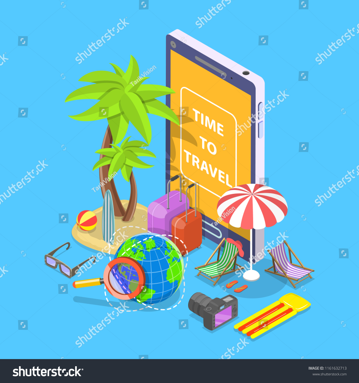 Flat isometric vector concept of online tour searching  summer vacation  hotel and tickets booking.