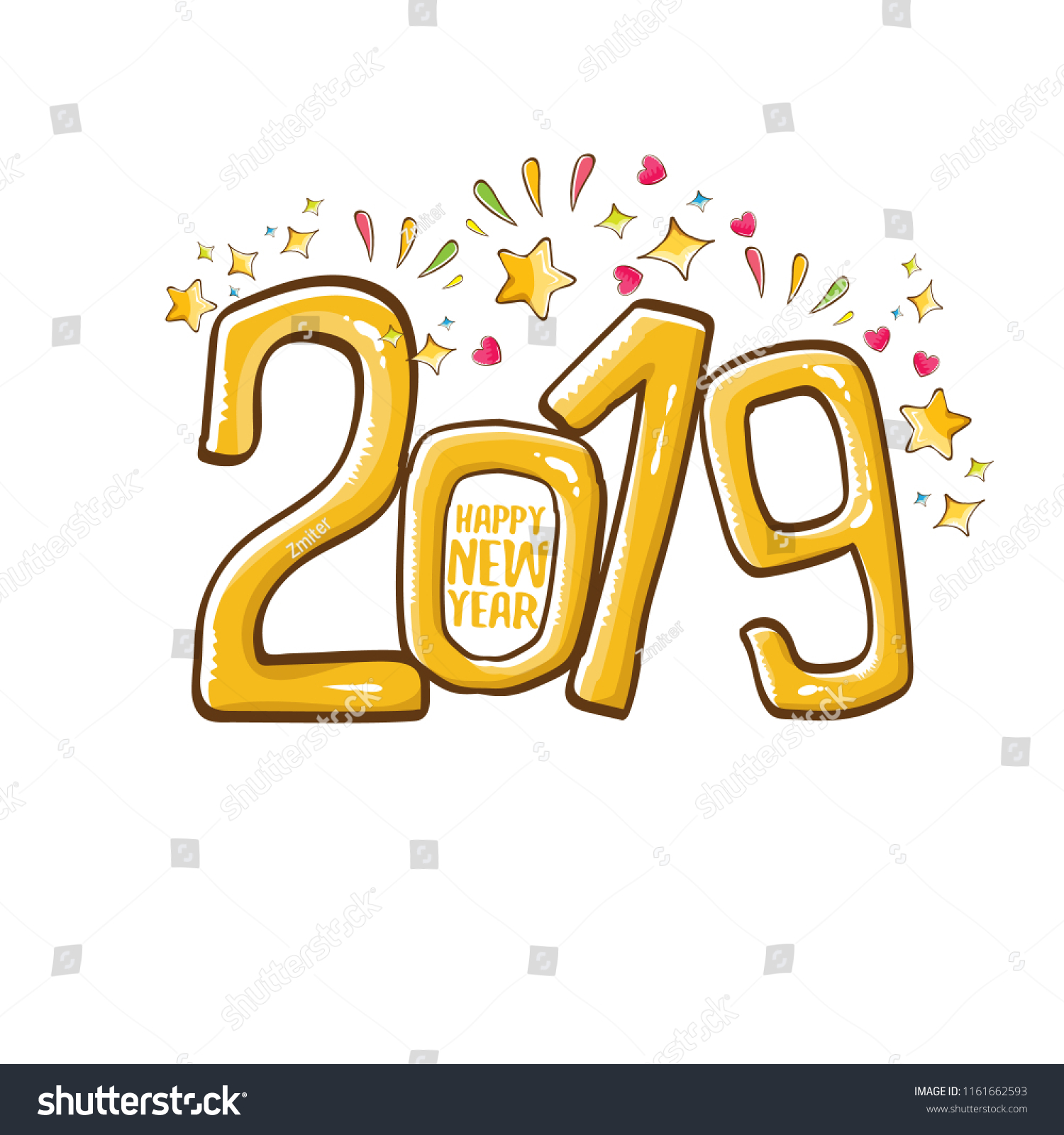 2019 Happy New Year poster or card design template. Vector happy new year greeting illustration with colored hand drawn 2019 numbers and stars isolated on white background