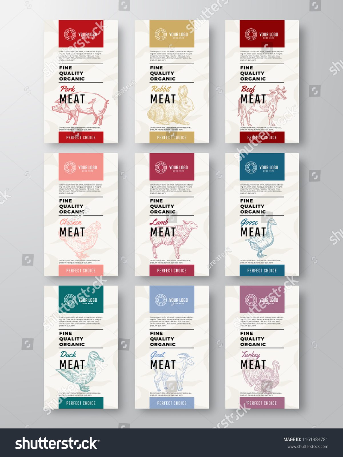 Fine Quality Organic Meat and Poultry Vertical Labels Set. Abstract Vector Packaging Design. Modern Typography and Hand Drawn Pig  Cow and Other Farm Animals Silhouette Background Layouts. Isolated.