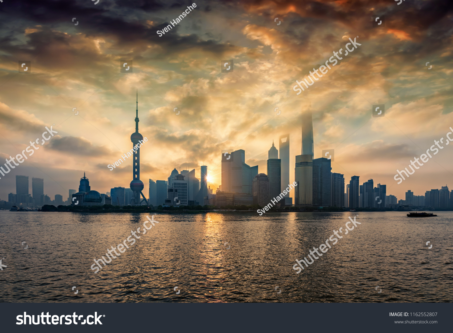 Sunrise over the modern skyline of Shanghai  China  seen from the Bund