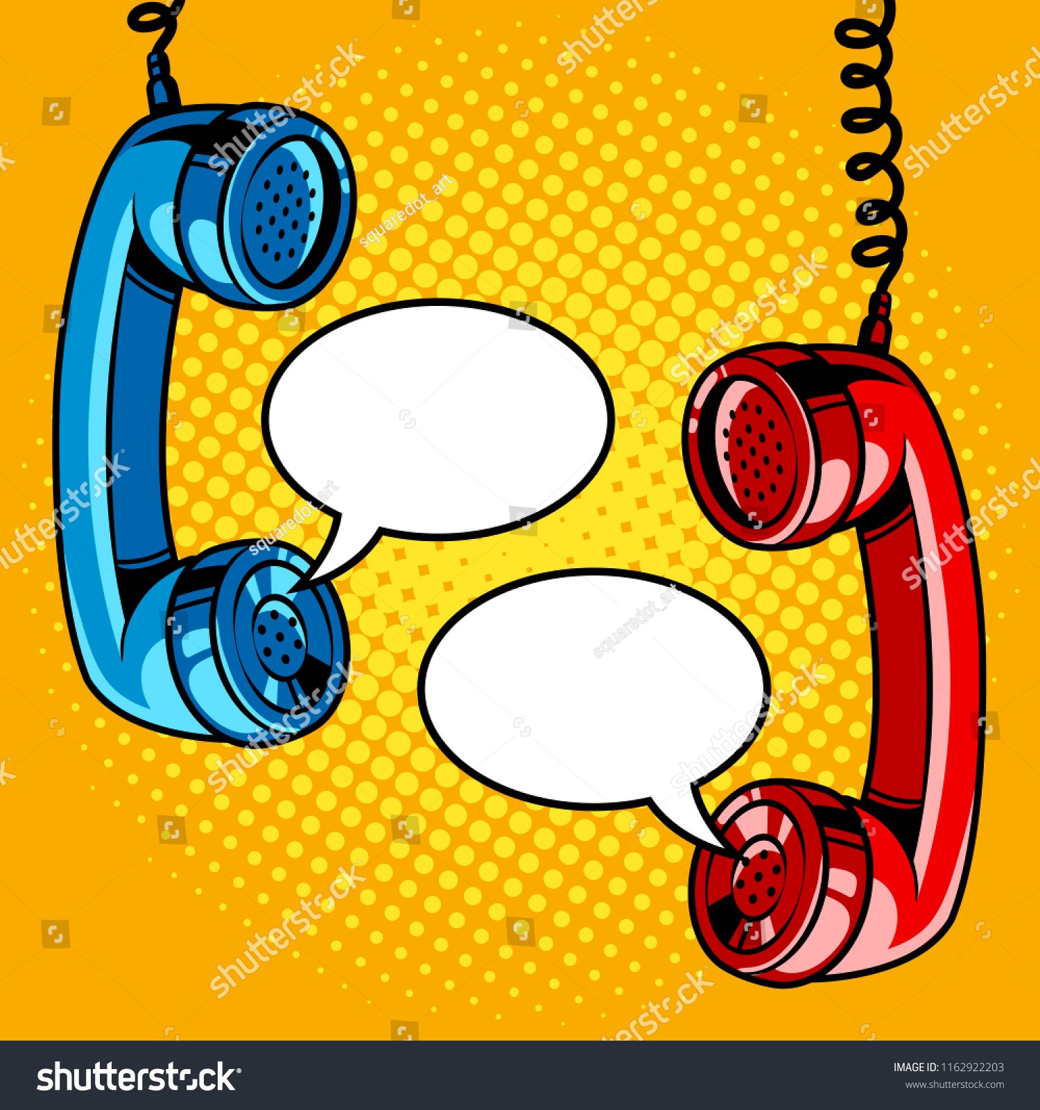 Two hanging phone handsets with empty speech bubbles. Pop art vector retro illustration.