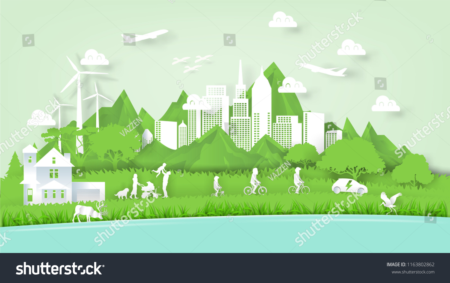 Illustration vector of modern eco world environment and happiness family people  graphic design of ecology modern world in paper art style