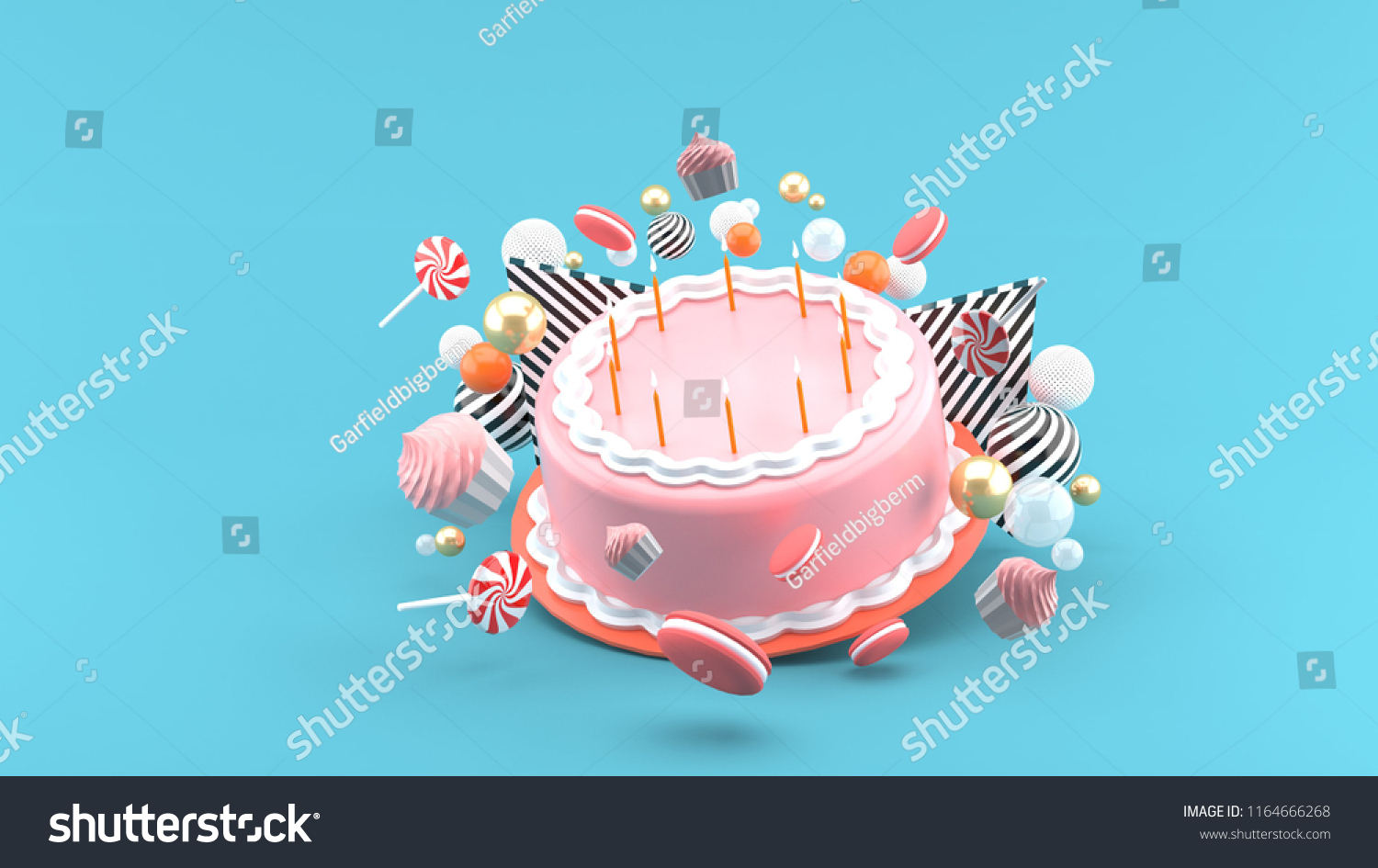 Cake among colorful balls on a blue background.-3d rendering.
