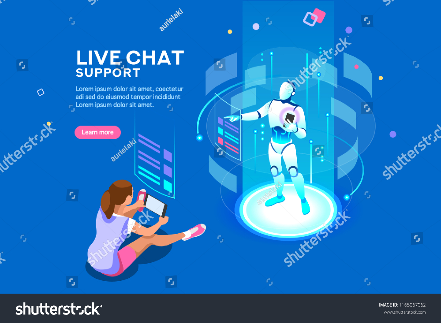 Artificial intelligence  ai business. Iot concept with man bot chat with women. Robot service for messenger application or virtual speech assistance. Flat Isometric concept with characters and text