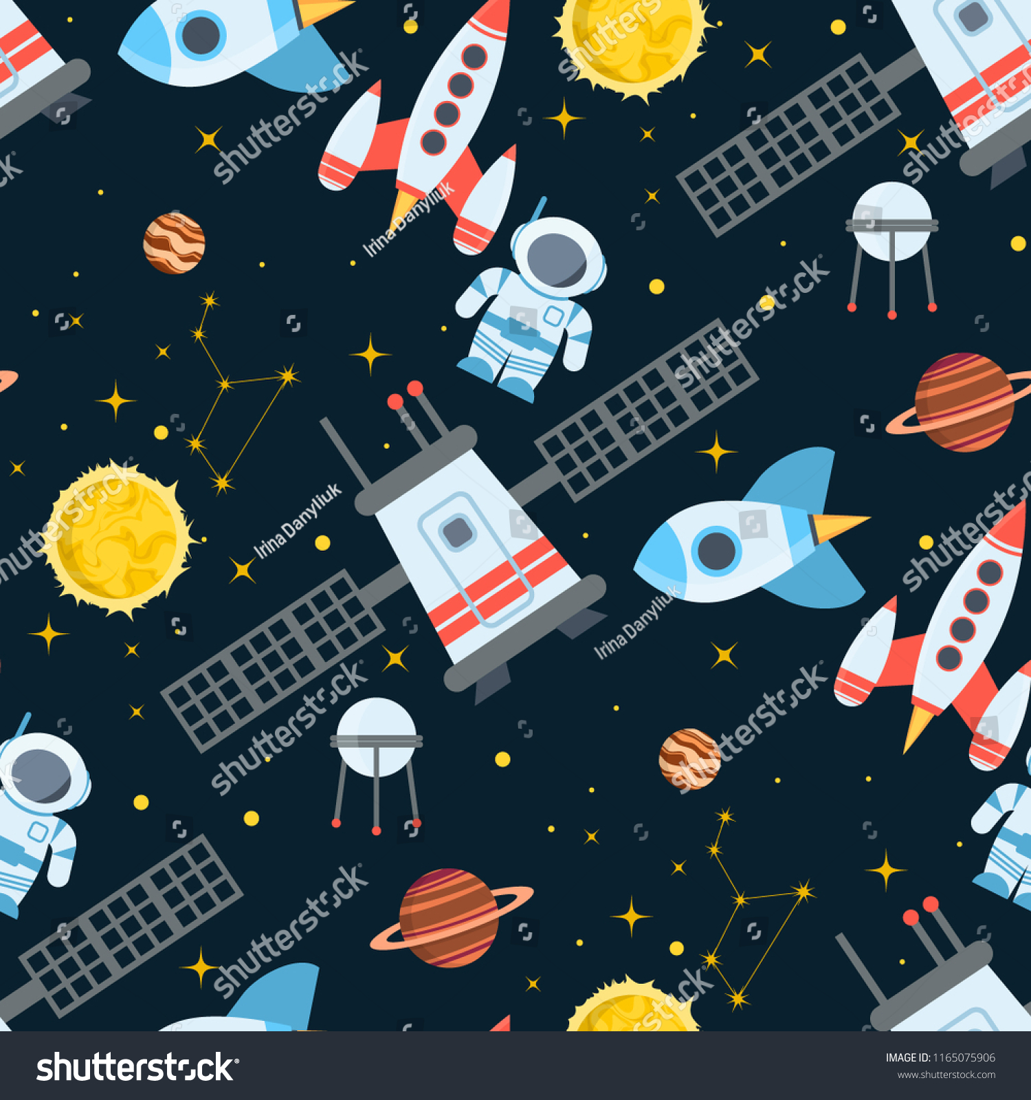 Rocket space globe solar system and planet cosmos sky seamless pattern background vector illustration. Flight spacecraft astronaut exploration travel shuttle. Cosmonaut spaceman ocketship.