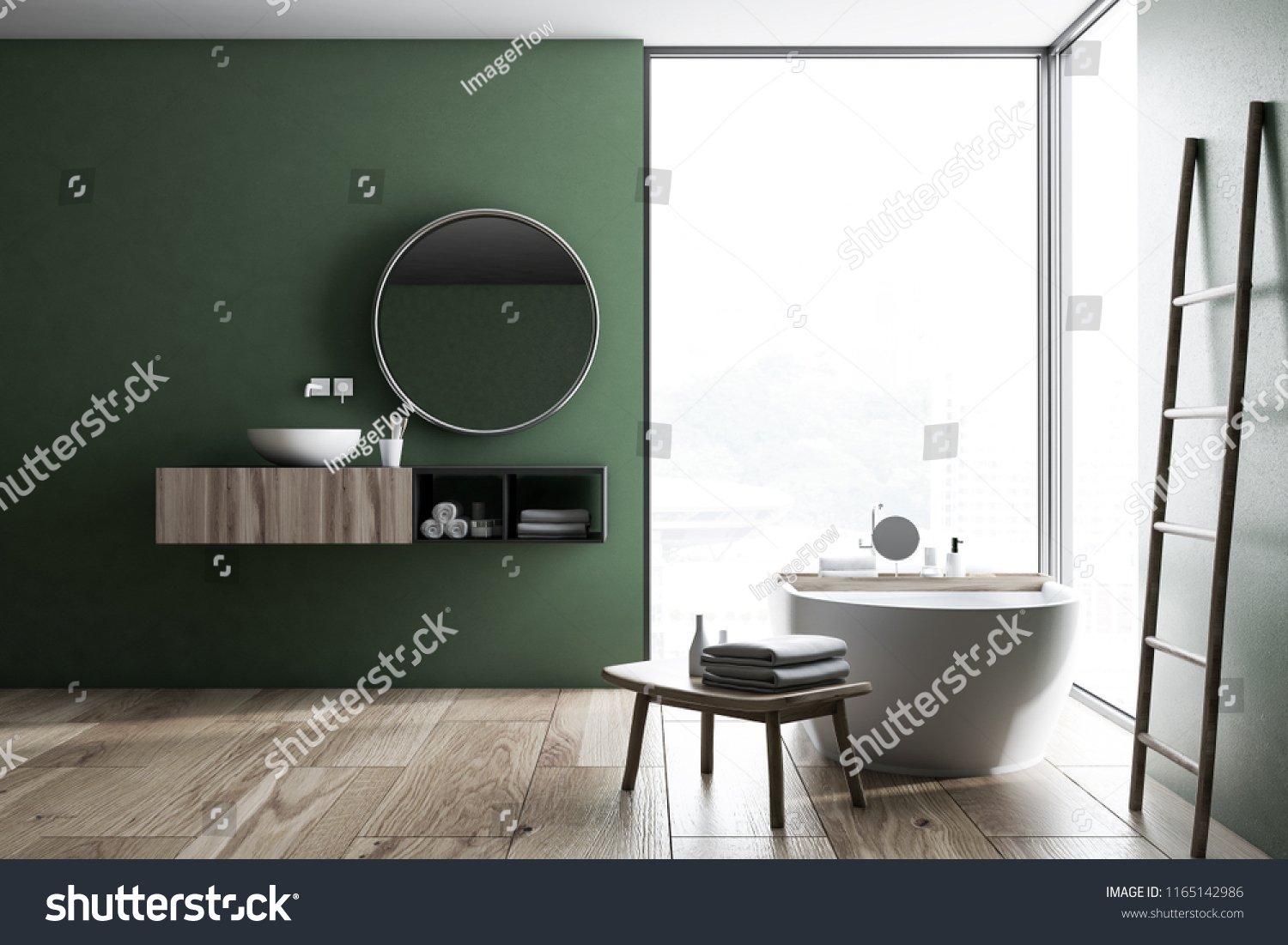 Modern green wall bathroom interior with wooden floor loft window ladder white sink and bathtub. Spa hotel and luxury real estate. 3d rendering mock up