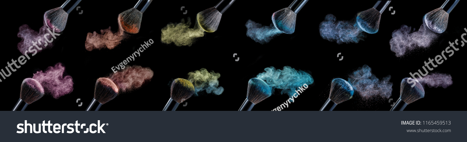 set of Make up brush with colorful powder splashes on black background.