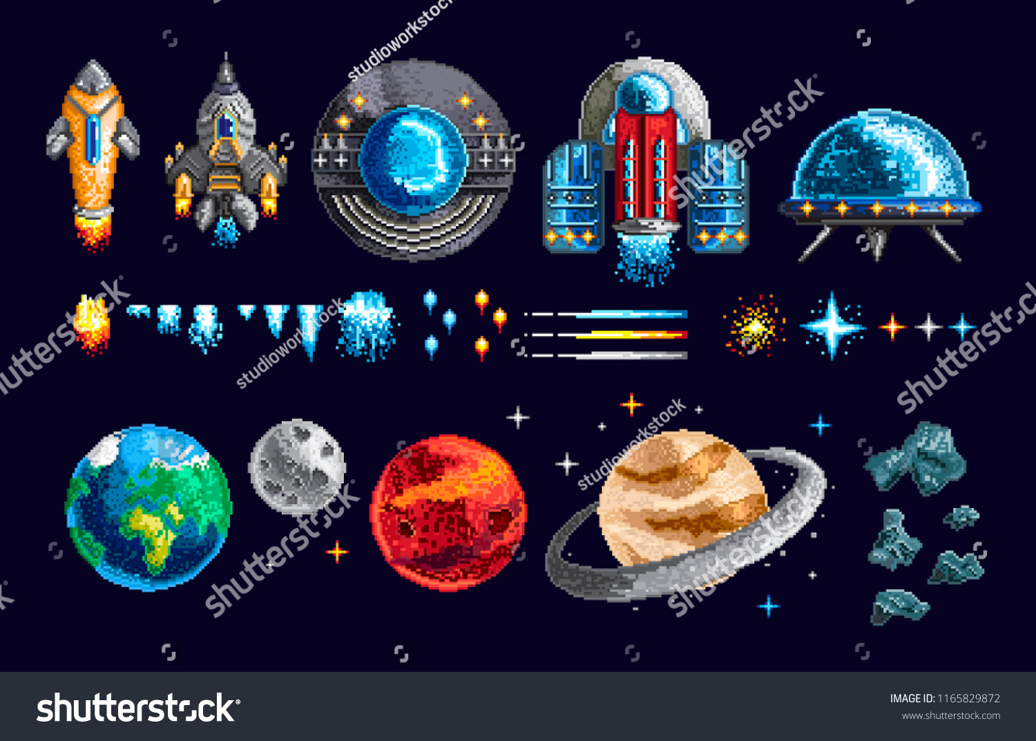 Colorful pixel design of game spacecraft with planets and moving elements on blue background 
