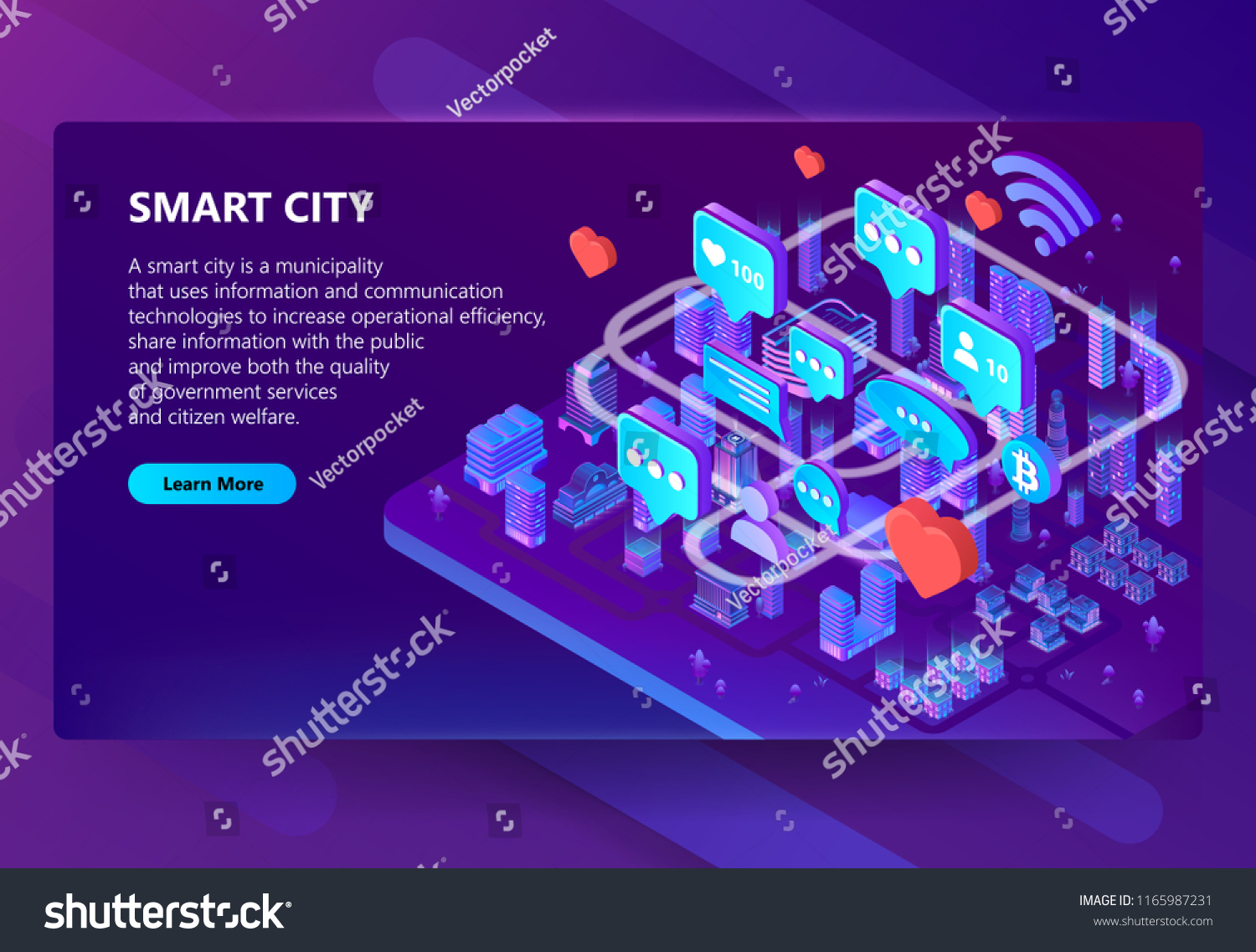 Smart city vector illustration of users internet communication in town. Isometric houses in wireless connection for online chat and bitcoin cryptocurrency for IOT on purple ultraviolet background