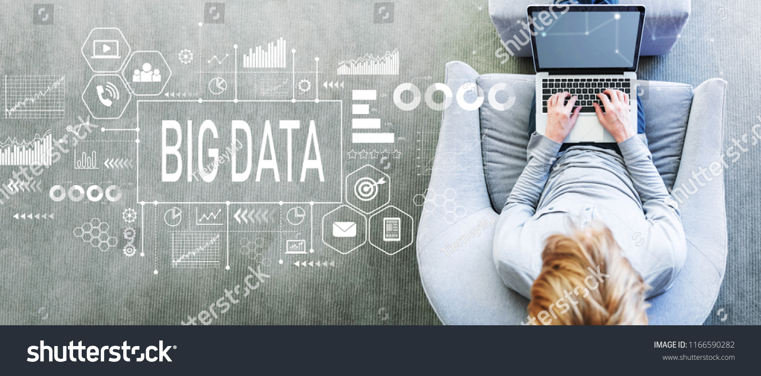 Big Data with man using a laptop in a modern gray chair