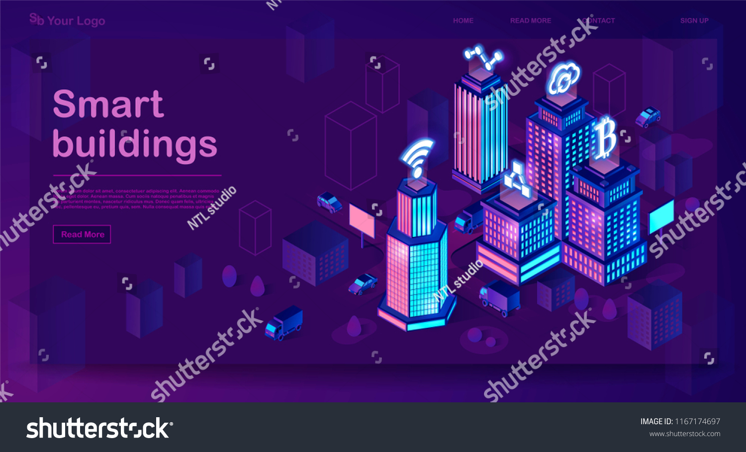 Smart buildings isometric architecture concept. Web banner with neon futuristic city. Intelligent buildings with signs. Smart city 3d infographics map. Internet of things. Isolated vector illustration