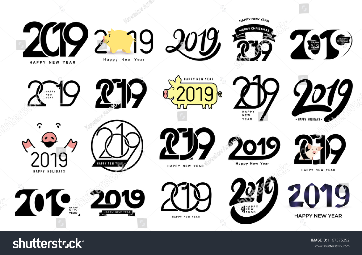 Big Set of 2019 text design pattern. Collection of Happy New Year and happy holidays. Vector illustration. Isolated on white background