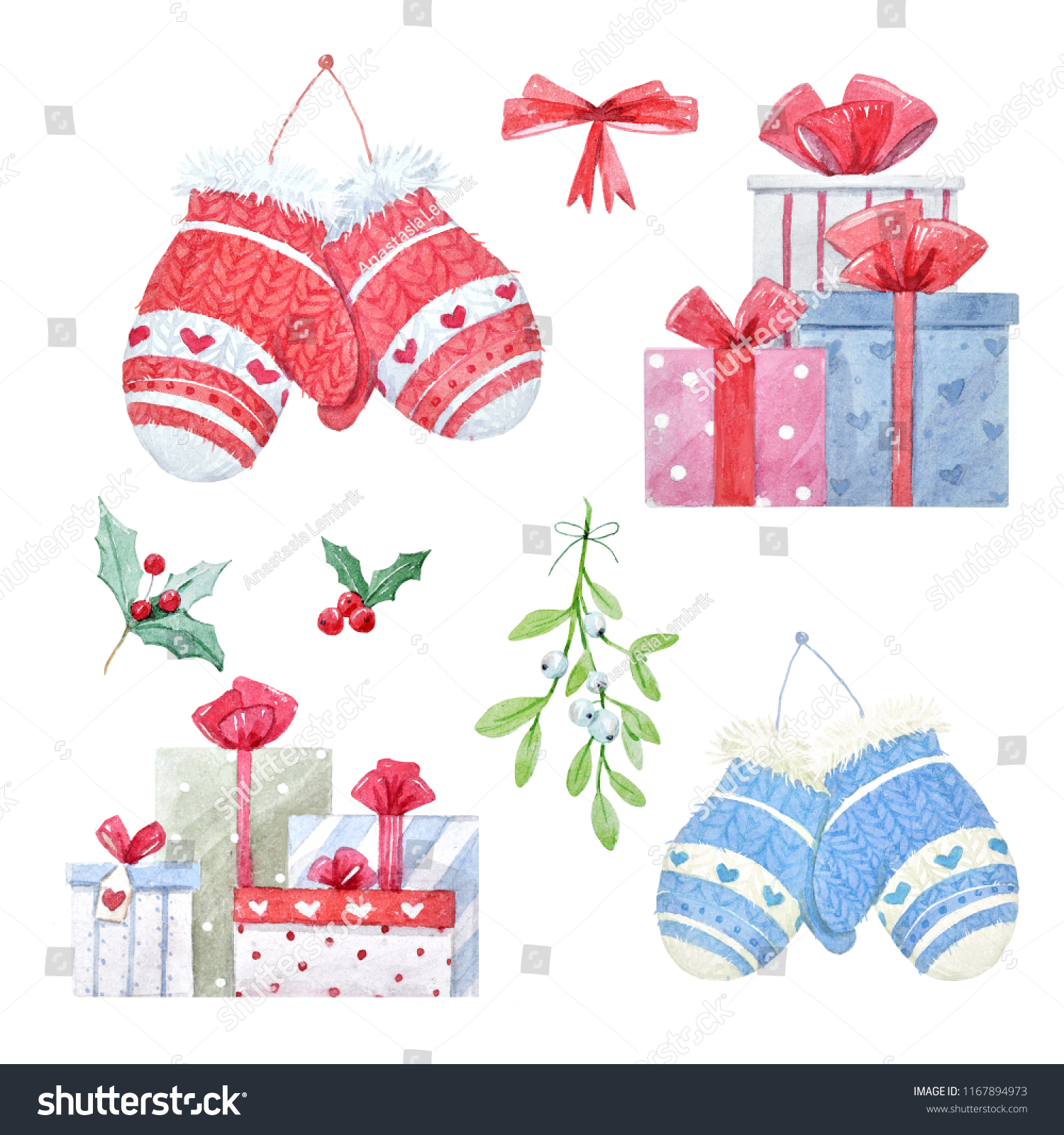 Watercolor set of Christmas illustrations gloves gift boxes red bow and mistletoe. winter set