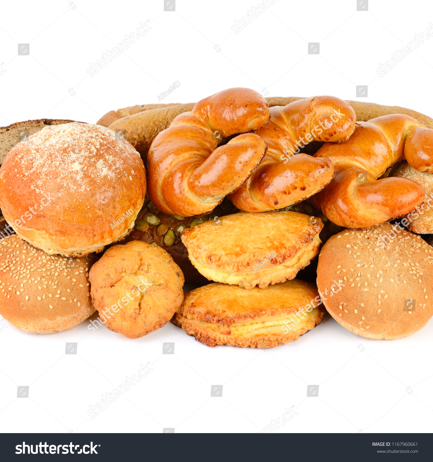 various of bread and bakery products isolated on white back