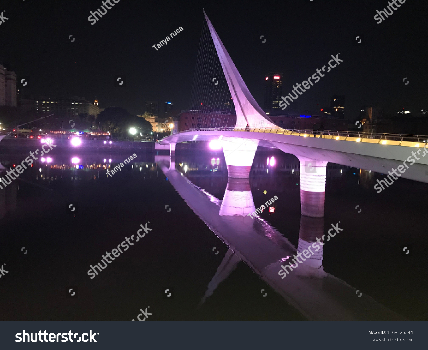 Argentina  Buenos Aires   Bridge of the Woman  reflection in river at night