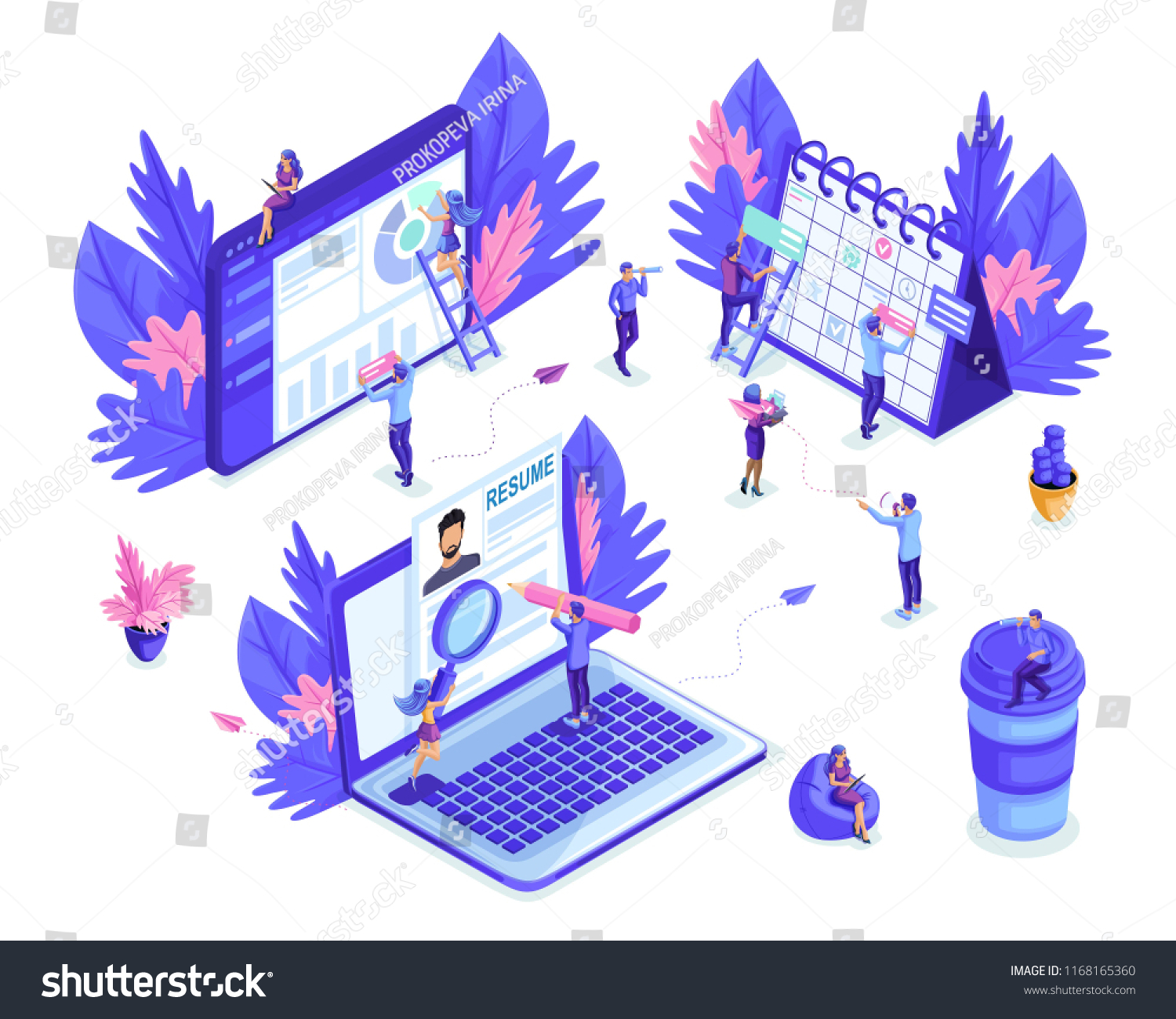Isometric small people work with tablets  laptop  make planning on the calendar. Job search  recruiting. Reports and analytics. Isolated background