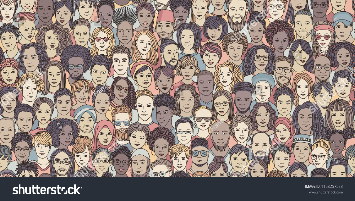 Diverse crowd of people - seamless banner of 100 different hand drawn faces of various ethnicities