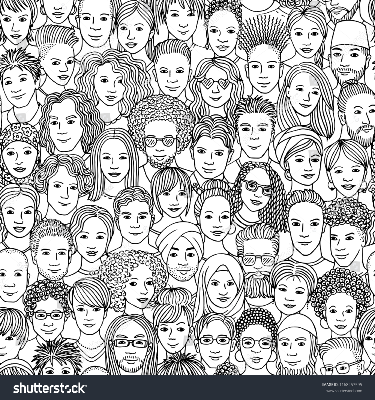 Diverse crowd of people - seamless pattern of hand drawn faces of various ethnicities