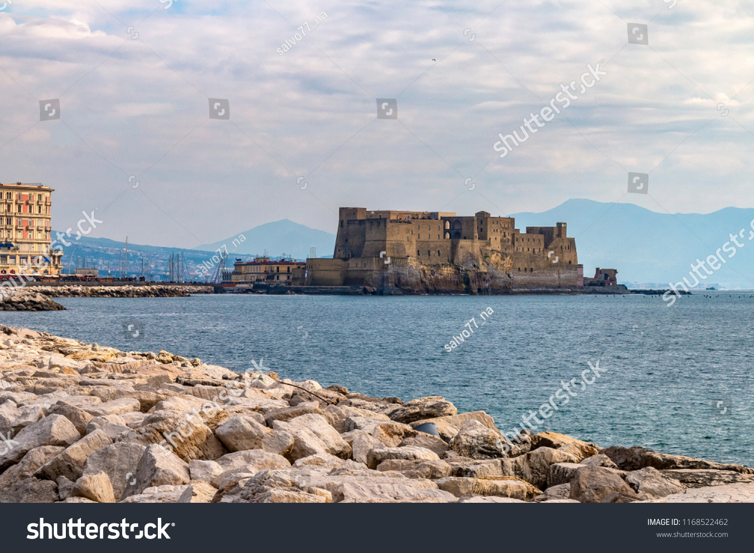 View of the Naples waterfront and the castel dell'ovo.