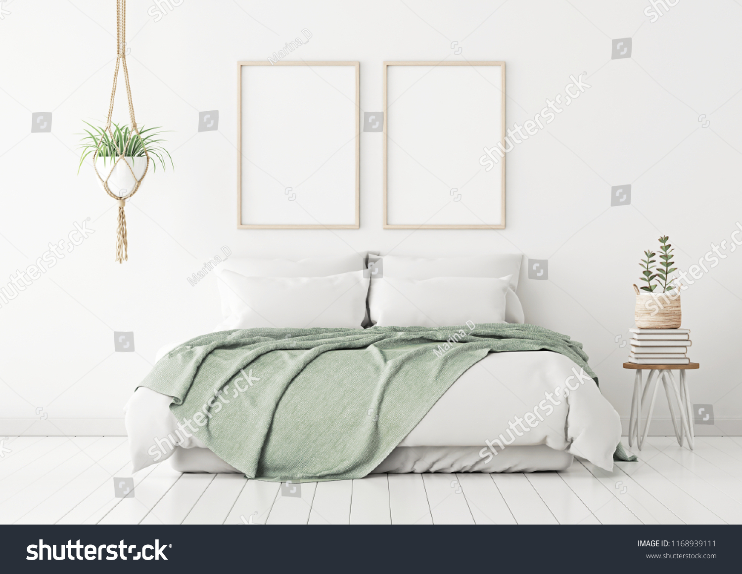 Poster mockup with two vertical frames on empty white wall in bedroom interior with bed green plaid and plants. 3D rendering.