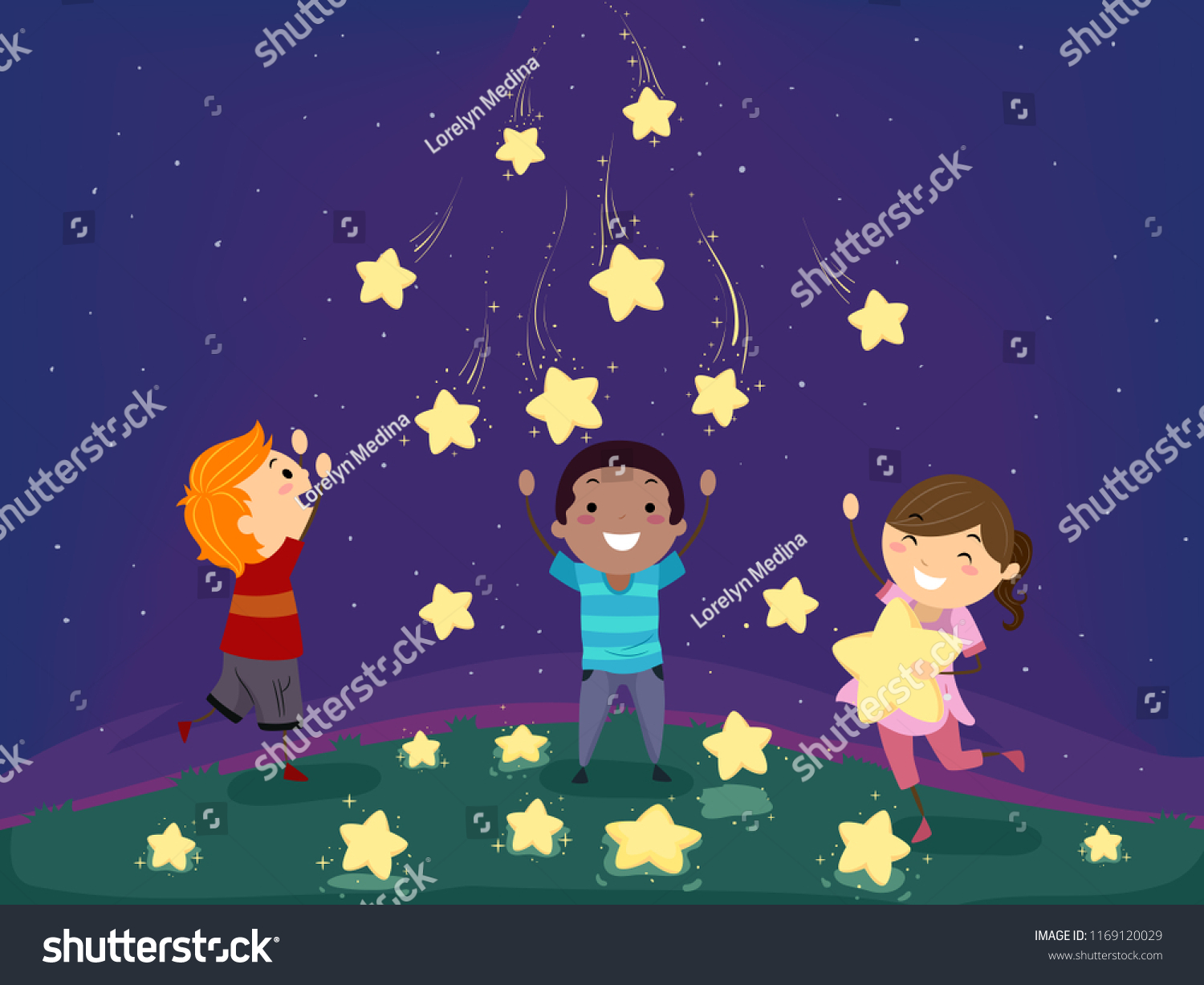 Fantasy Illustration of Stickman Kids Playing with Falling or Shooting Stars