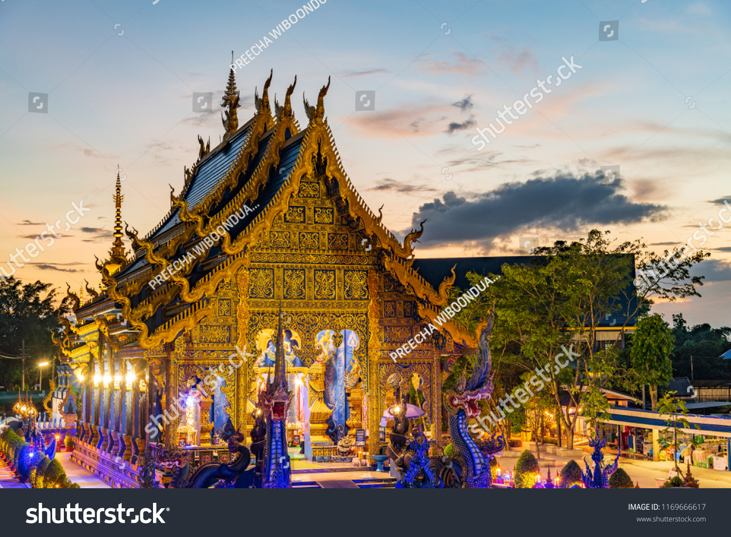 Twilight landscape Wat Rong Suea Ten is Beautiful Temple in Chiangrai Thailand. 8 July 2018