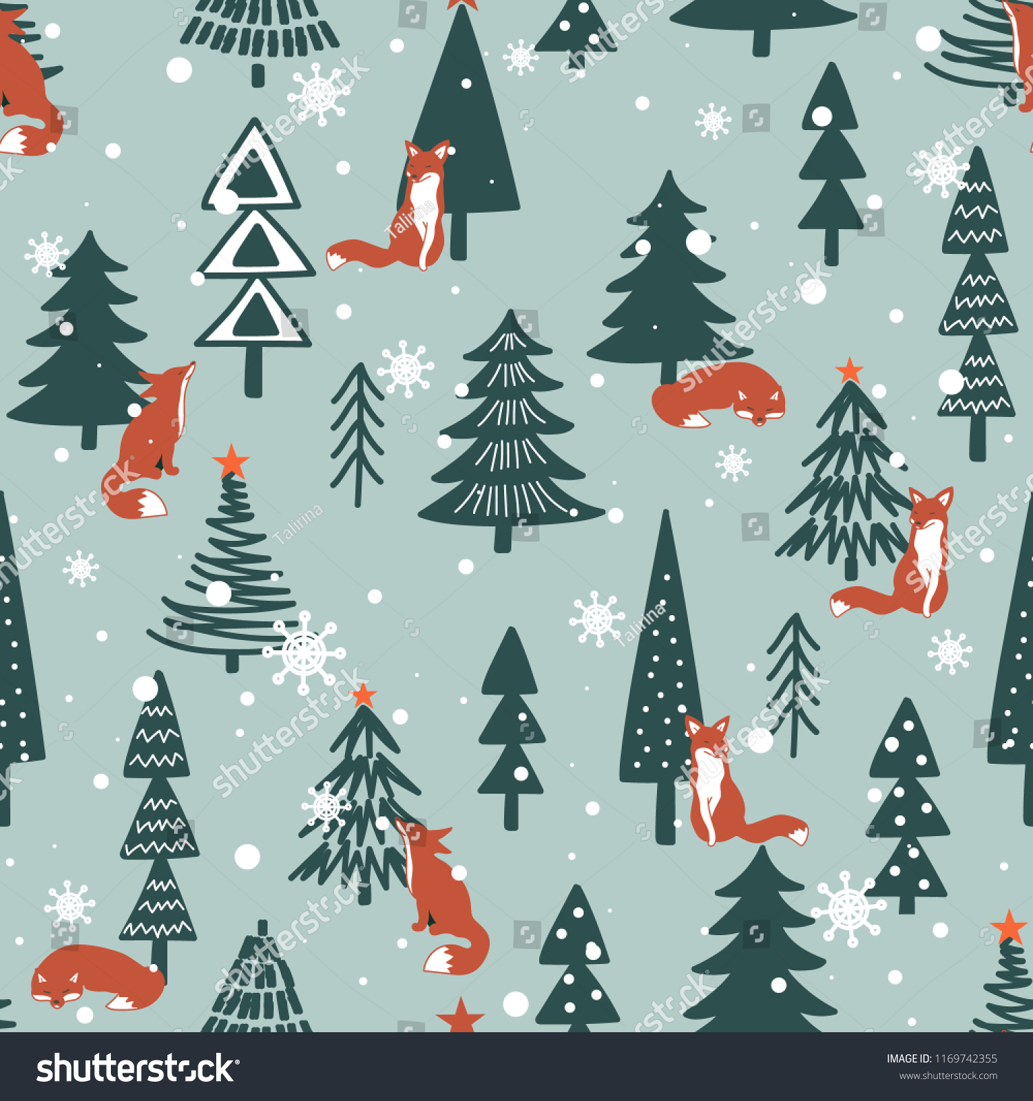 Foxes  fir-trees  snow  hand drawn backdrop. Colorful seamless pattern with animals. Cute wallpaper  good for printing. Overlapping background vector. Design illustration. Happy New Year. Winter time