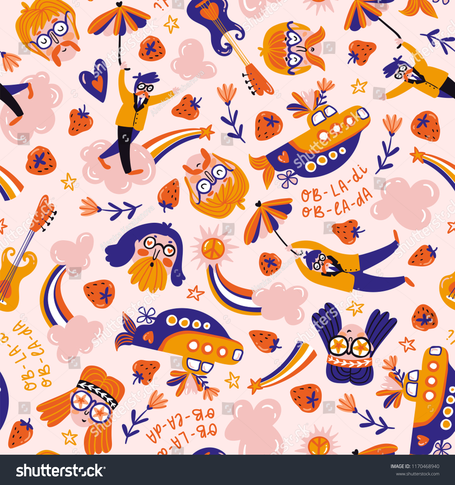 Dreamers in the pink clouds. Vector hand-drawn seamless pattern. Hippie design for fabric or wrap paper.