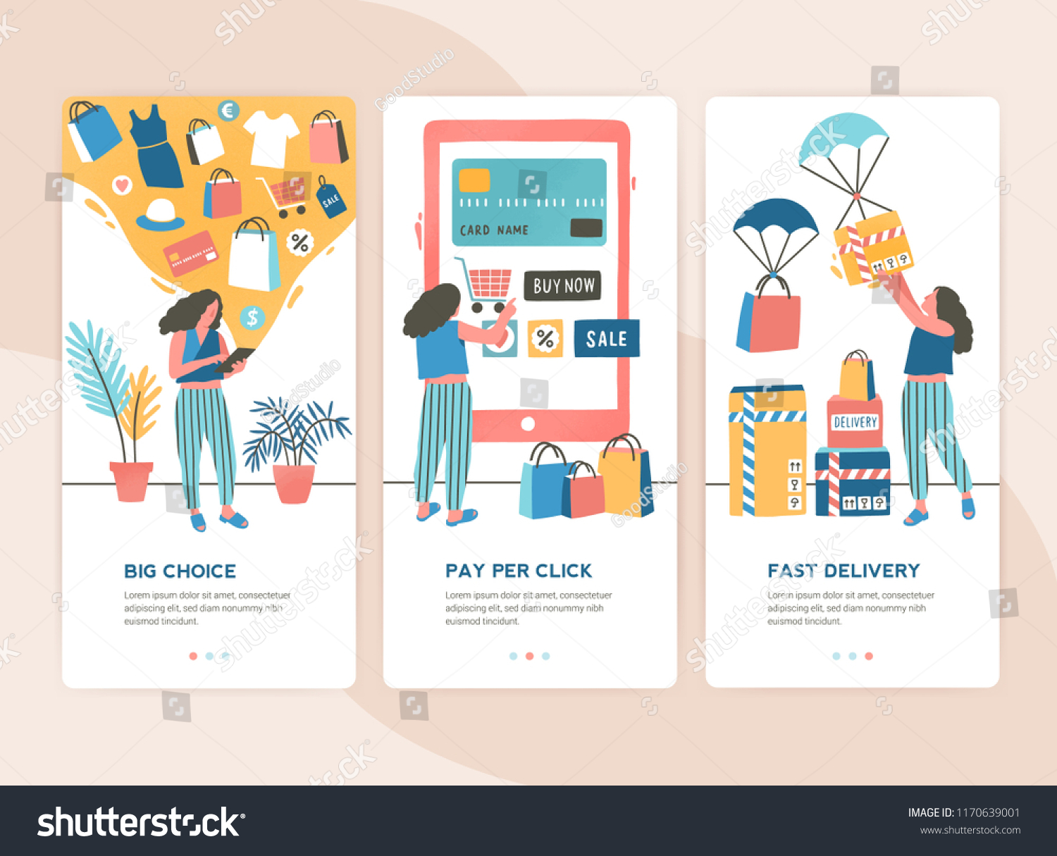 Bundle of vertical web banner templates with stages of online shopping - choice  payment  delivery. Set of scenes with woman buying goods in internet store. Colorful vector illustration in flat style.