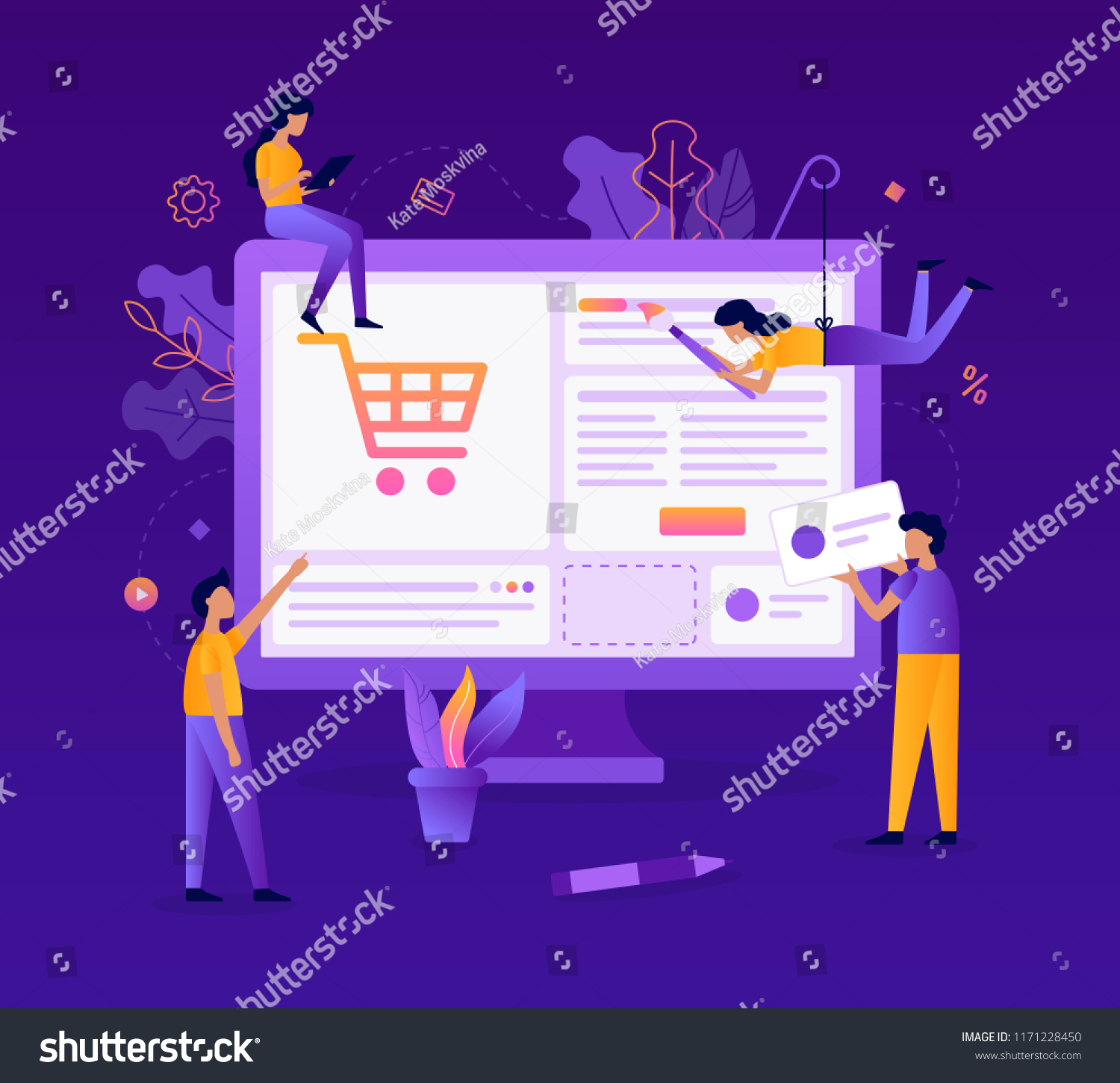 A team of web developers design an online store. Teamwork project. Website development. Flat vector illustration.