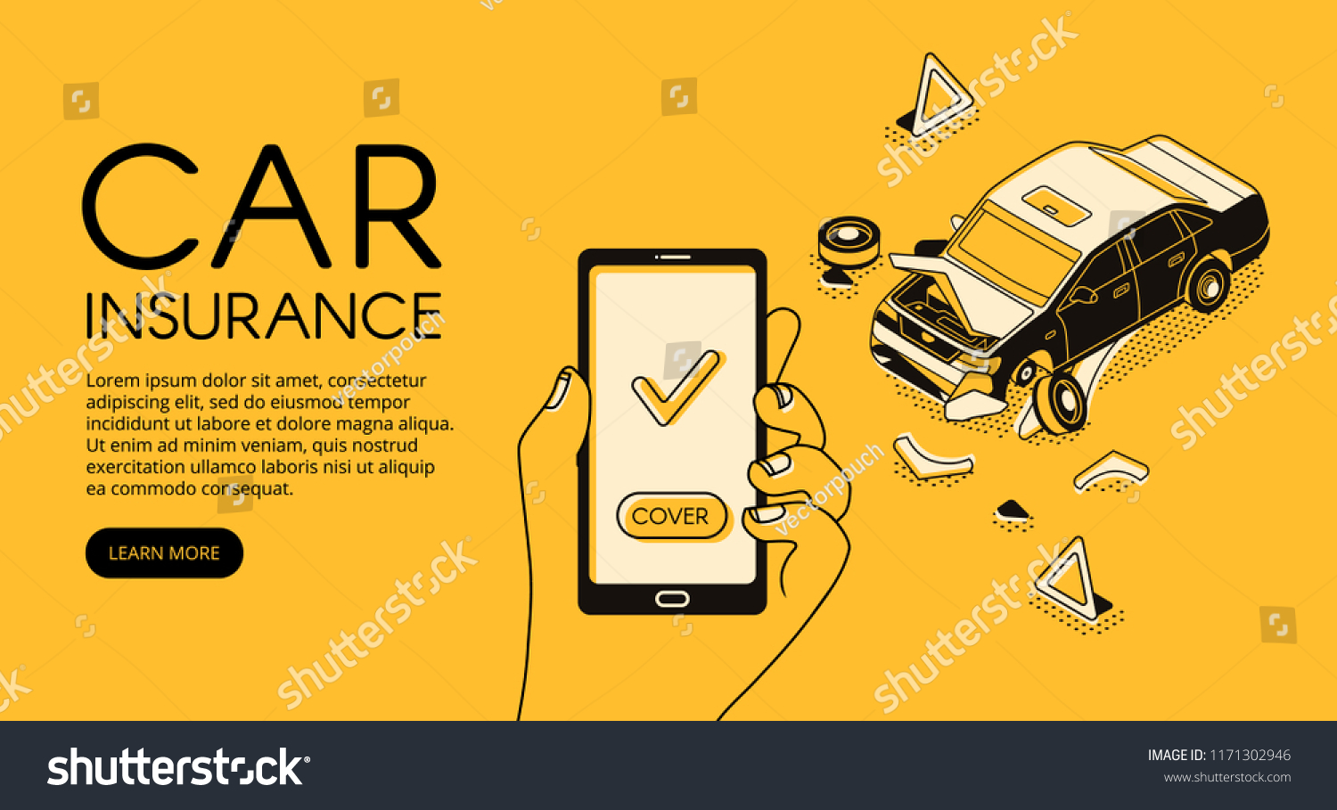 Car insurance service vector illustration of vehicle accident crash and driver recovery assistance on smartphone mobile application. Isometric black thin line web banner on yellow halftone background