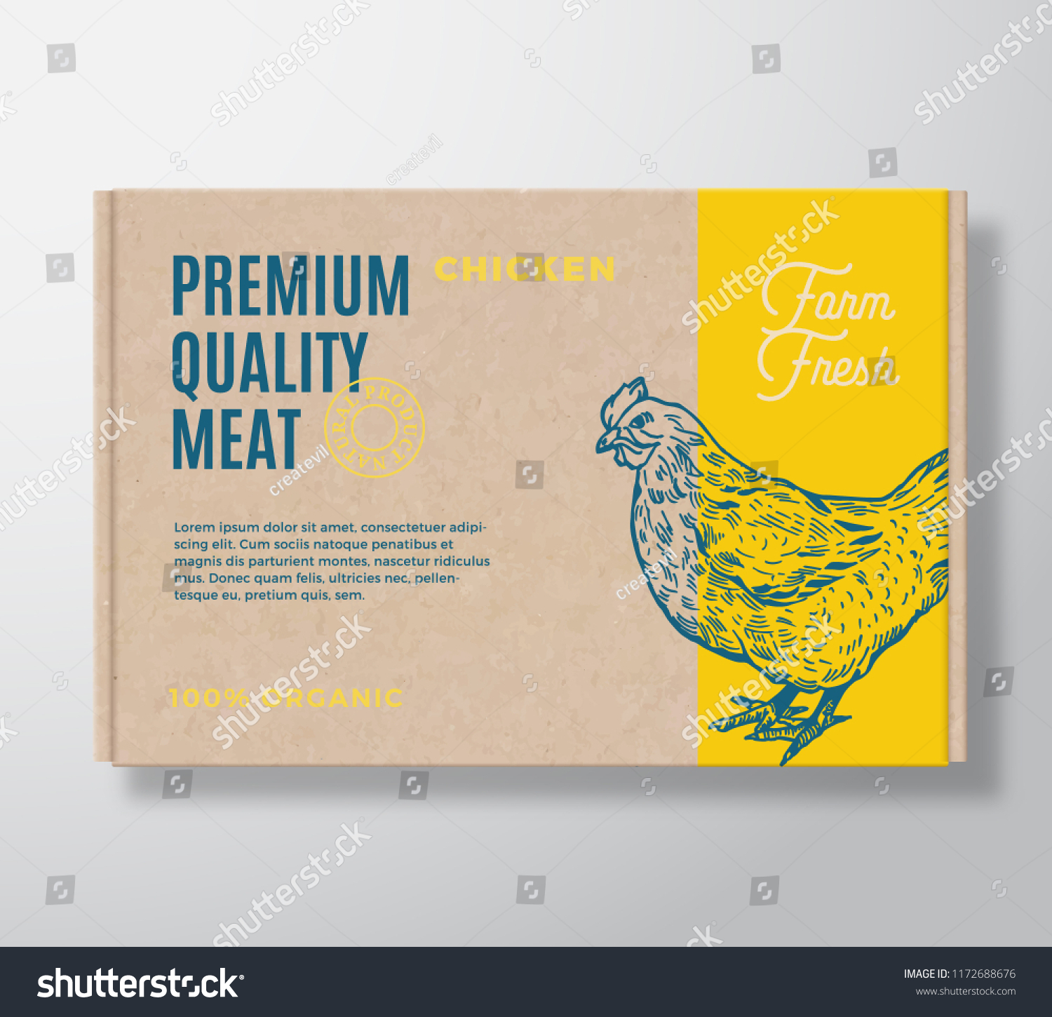 Premium Quality Poultry Vector Meat Packaging Label Design on a Craft Cardboard Box Container. Modern Typography and Hand Drawn Chicken Silhouette Background Layout.