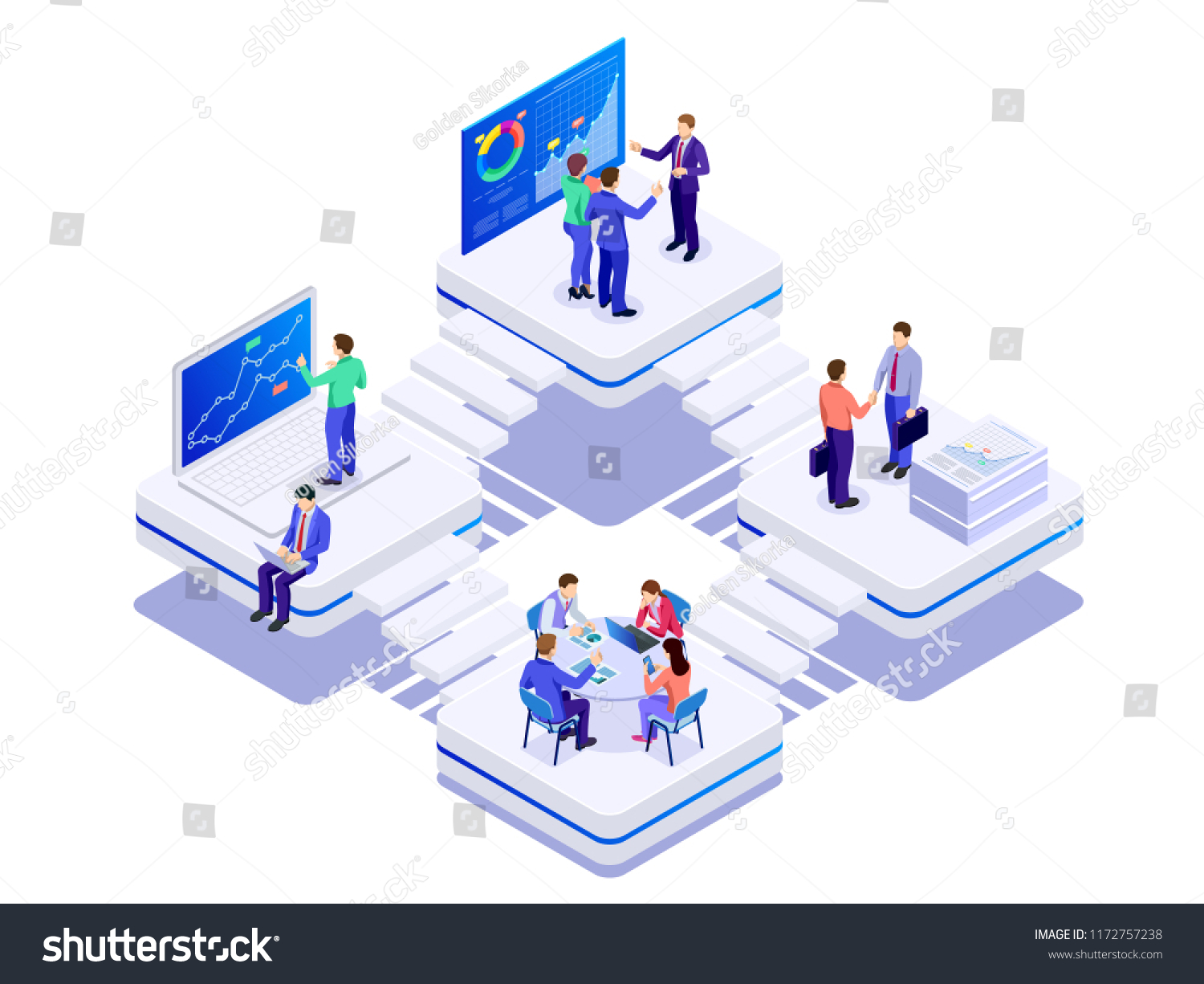 Isometric bussines co-working space concept. Creative people in the modern office. Teamwork is working together with laptop  tablet  smartphone  notebook. Successful hipster team in coworking space.