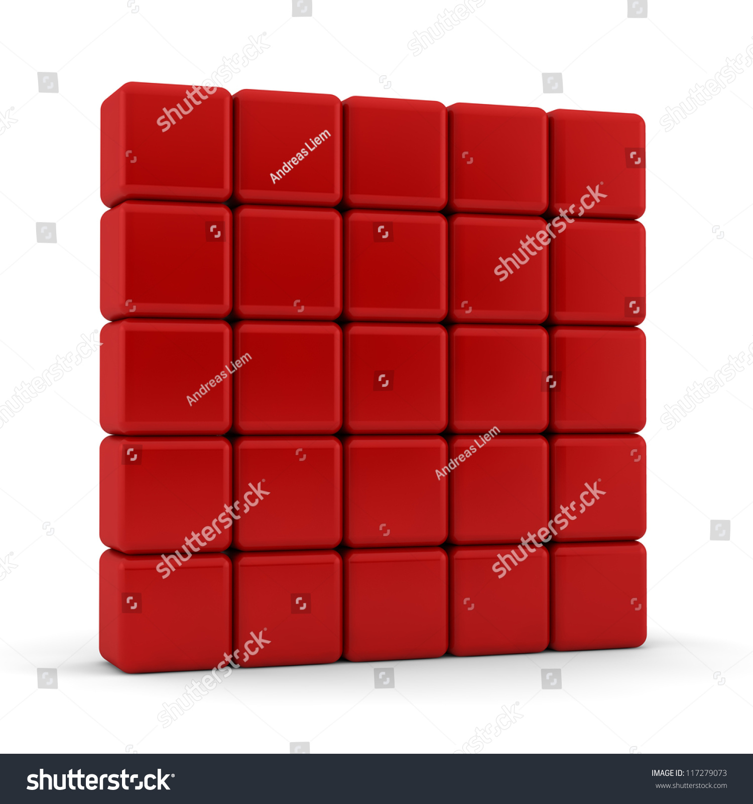 Twenty-five 3d blank red equilateral cubes with rounded bevelled edges and corners in stacked formation 5x5 on top of each other on a white background with feint shadow