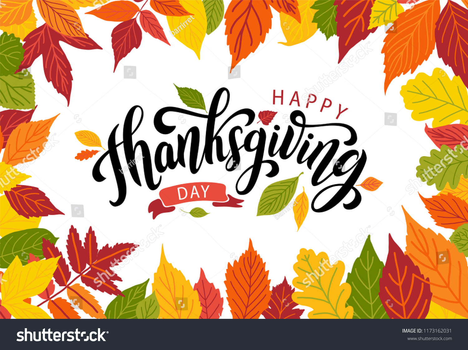 Happy thanksgiving day with autumn leaves. Hand drawn text lettering. Vector illustration. Script. Calligraphic design for print greetings card  shirt  banner  poster. Colorful fall frame