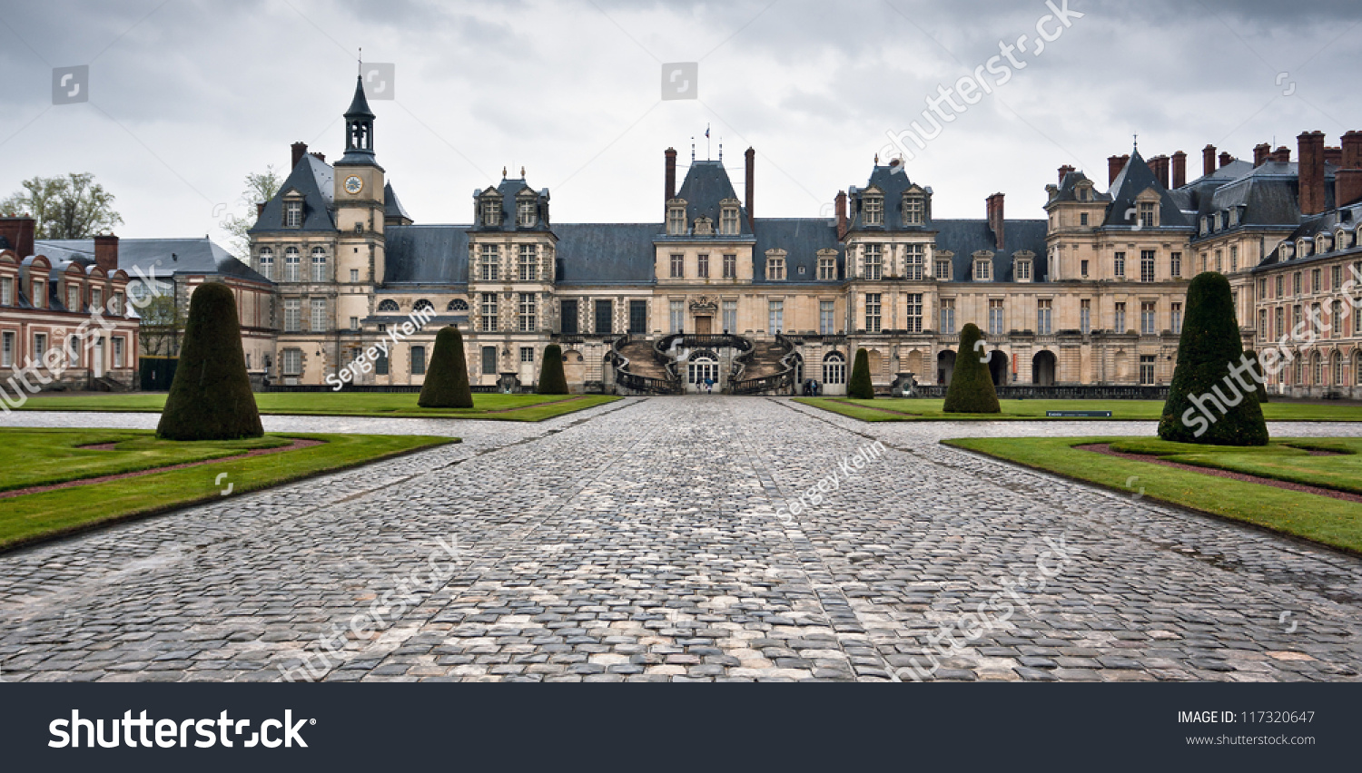 Chateau de Fontainebleau on a rainy day  residence of Napoleon I  Paris  France