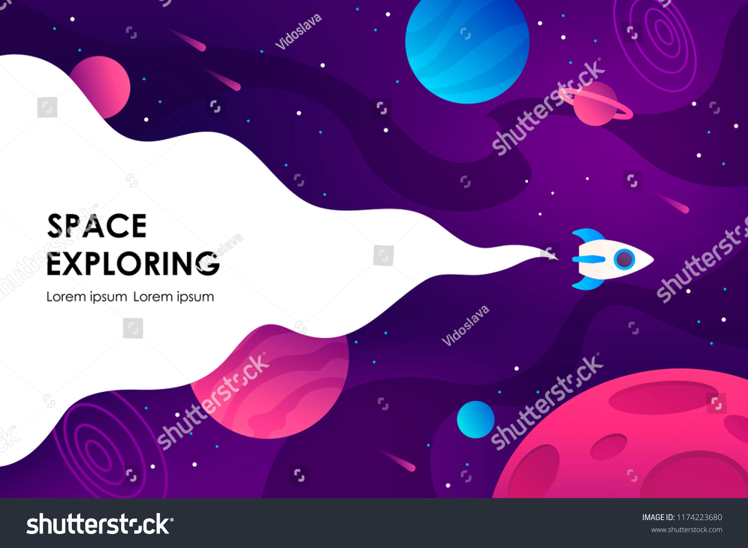 水平空间背景具有抽象形状和行星。网页设计。探索空间。矢量图