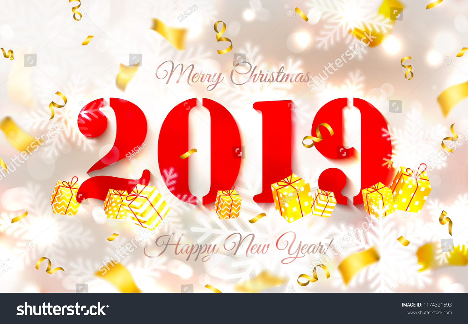 2019 Abstract Merry Christmas and Happy New Year background  card for 2019 with main big numbers  red  silver  gold  vector illustration