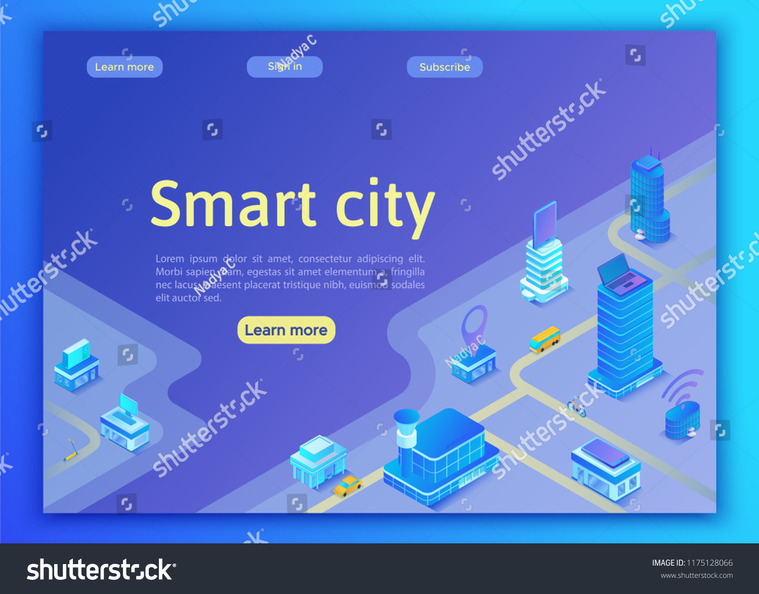 Smart city isometric city concept  online transportation service  mobile app landing page template with intelligent buildings  smartphone  tablet  laptop  3d vector illustration