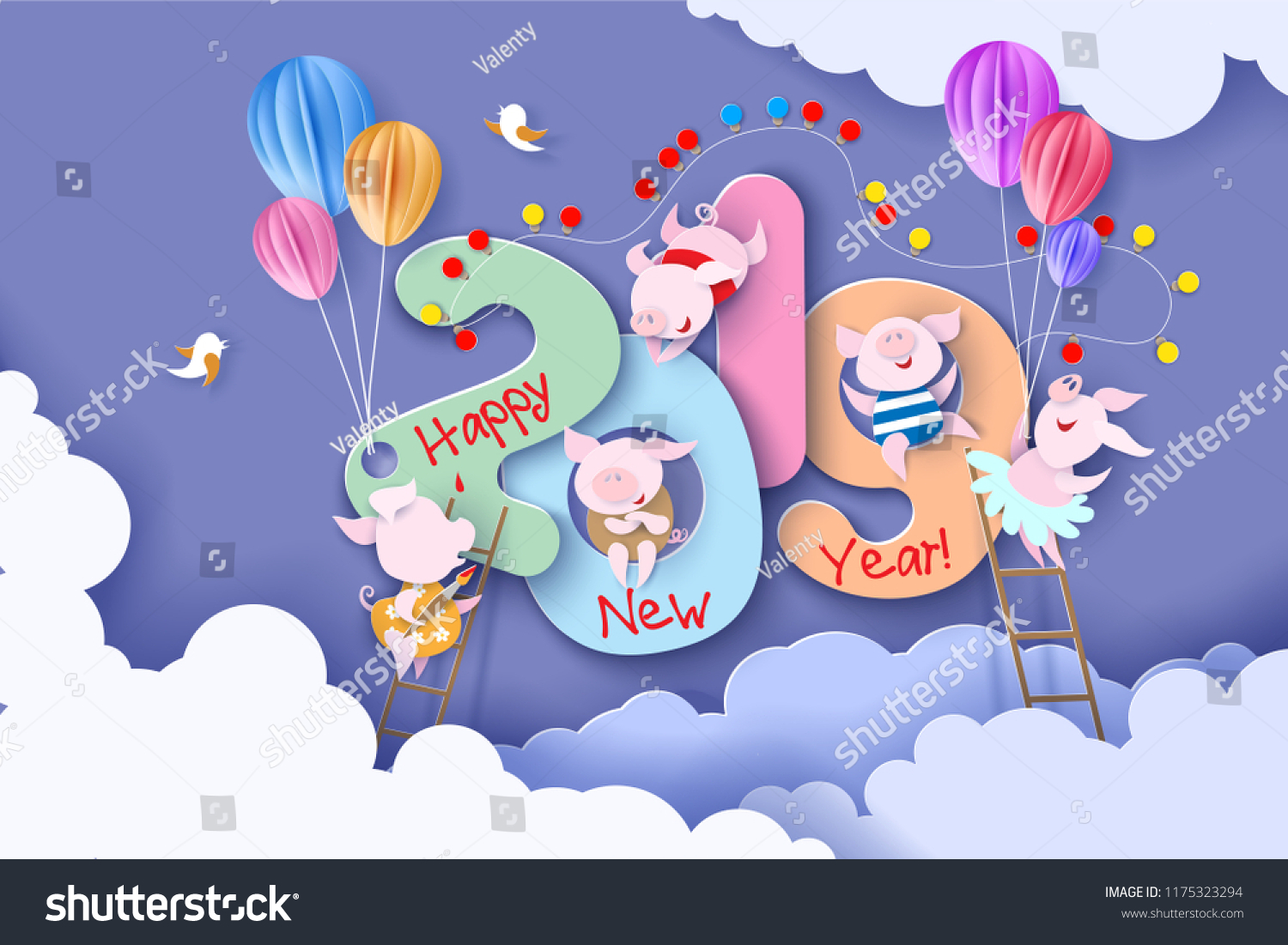 2019 New Year design card with pigs on purple background with clouds. Vector illustration. Paper cut and craft style.