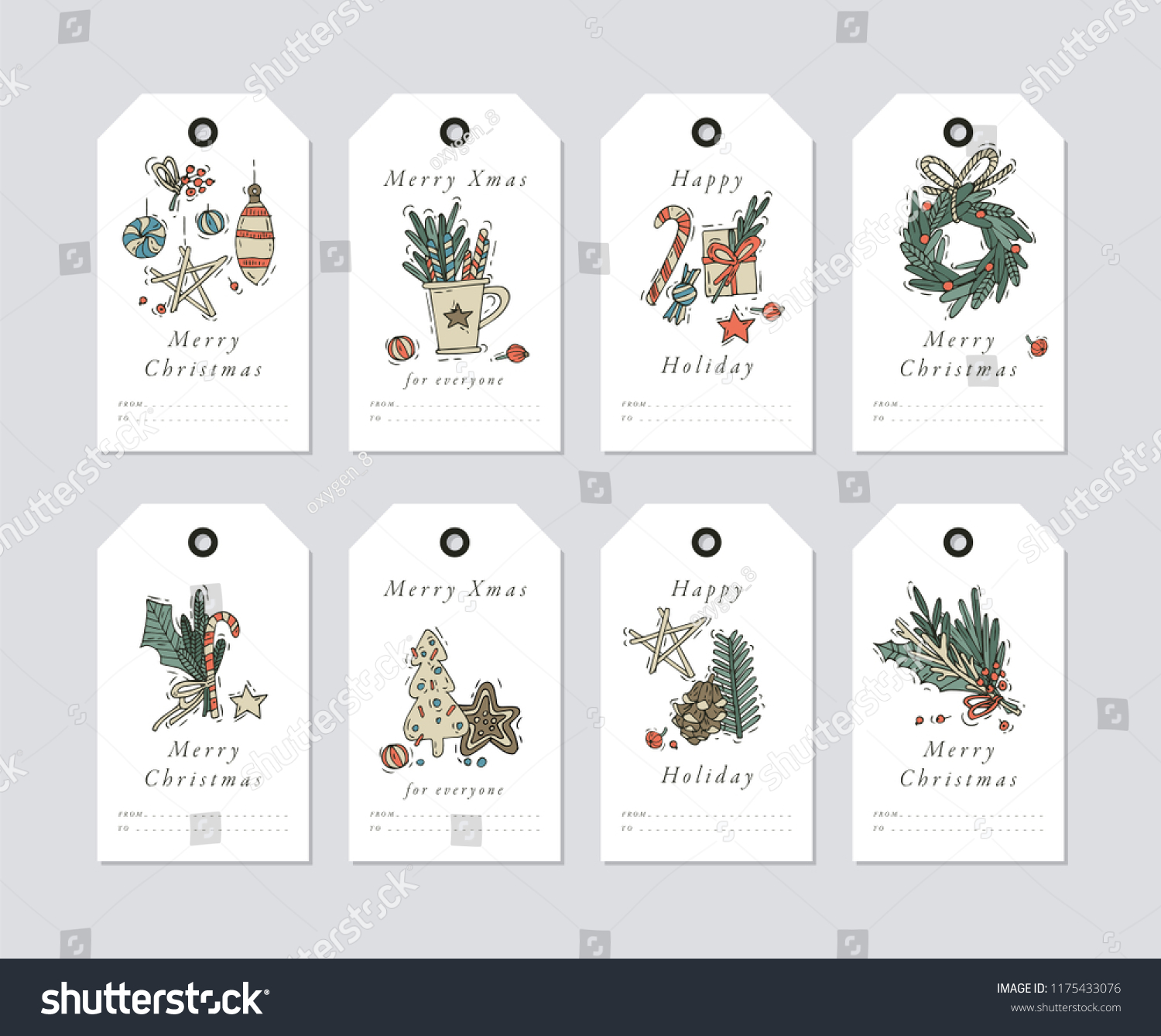 Vector linear design Christmas greetings elements on white background. Christmas tags set with typography and colorful icon