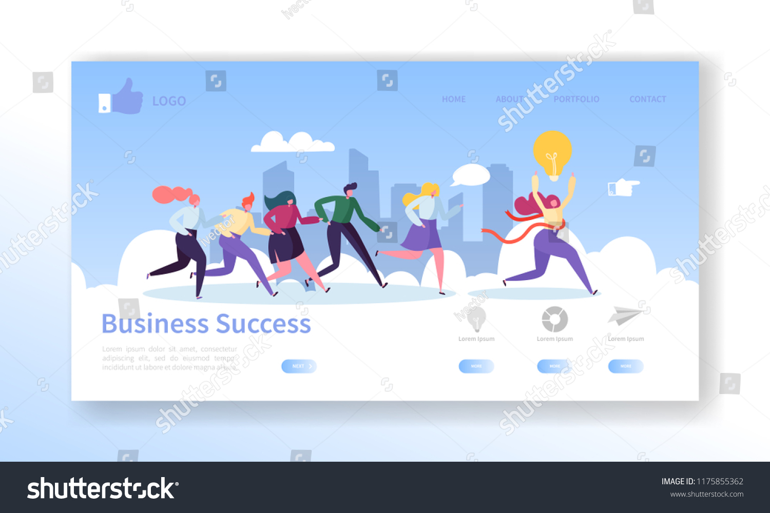 Business Success Landing Page Template. Website Layout with Flat People Characters Running to Finish. Leadership Concept. Easy to Edit and Customize Mobile Web Site. Vector illustration