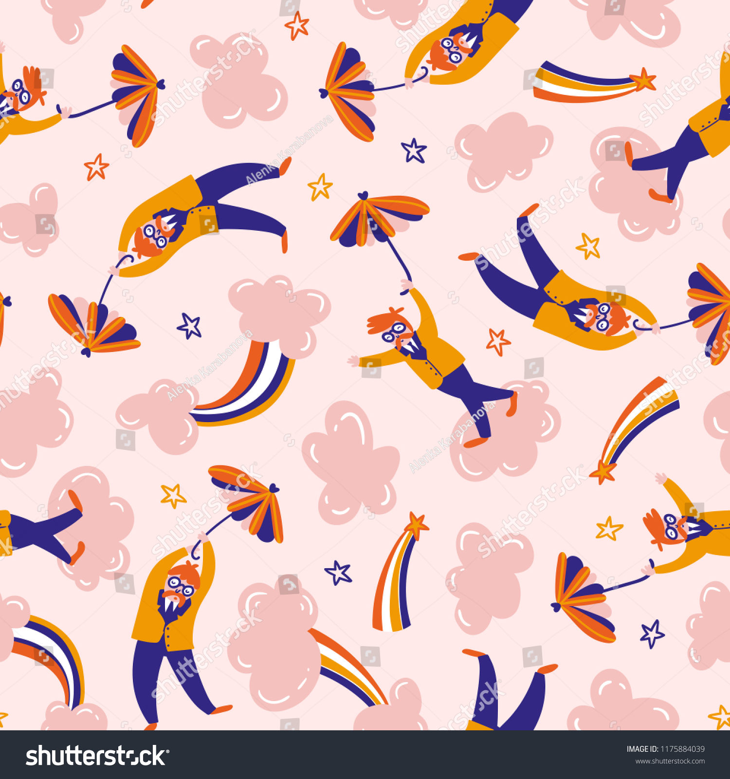 Dreamers in the pink clouds. Vector hand-drawn seamless pattern. Hippie design for fabric or wrap paper.